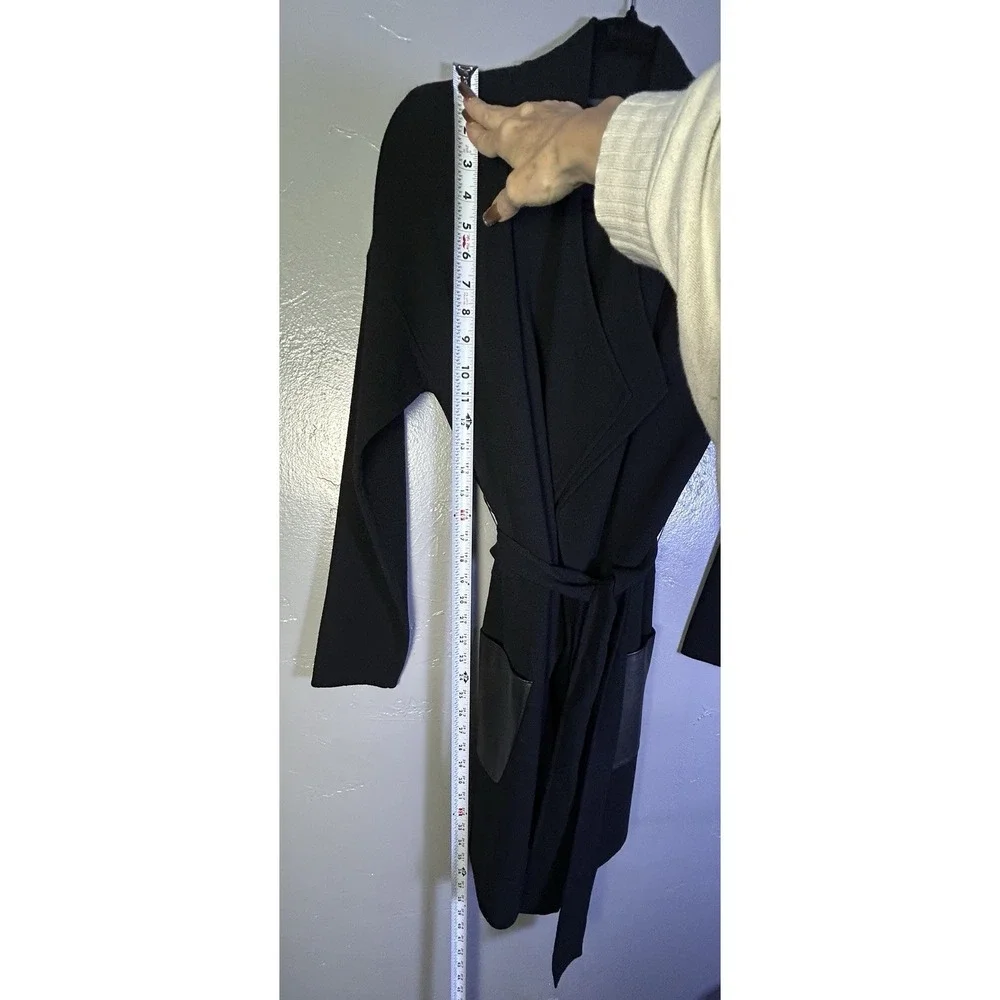 Women's Per Se Black Wool Cardigan W/ Leather Pockets With Tie Belt Size L